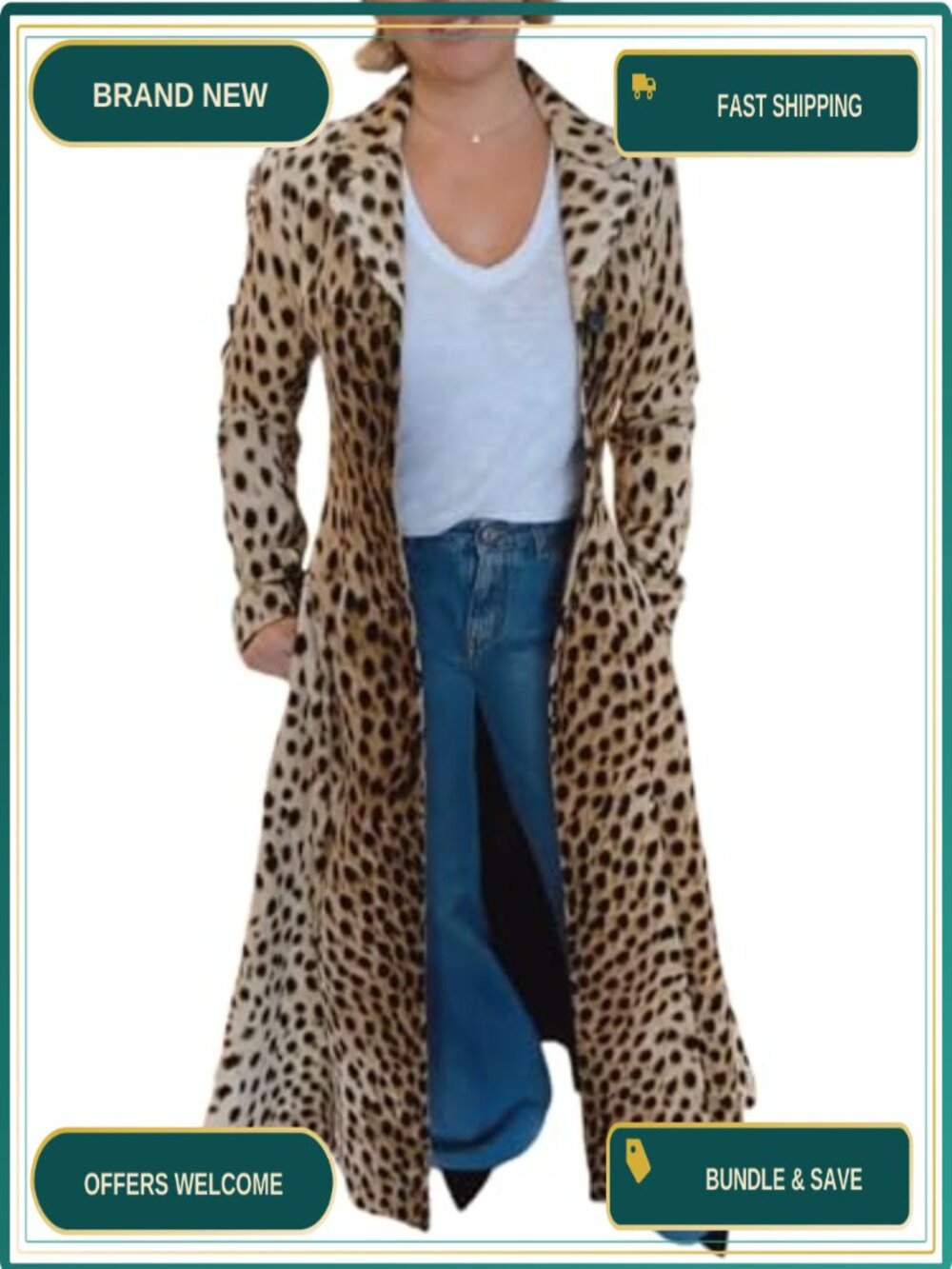 Women's Leopard Long Trench Coat Slim Fit Notch Lapel Button Dress Coat
